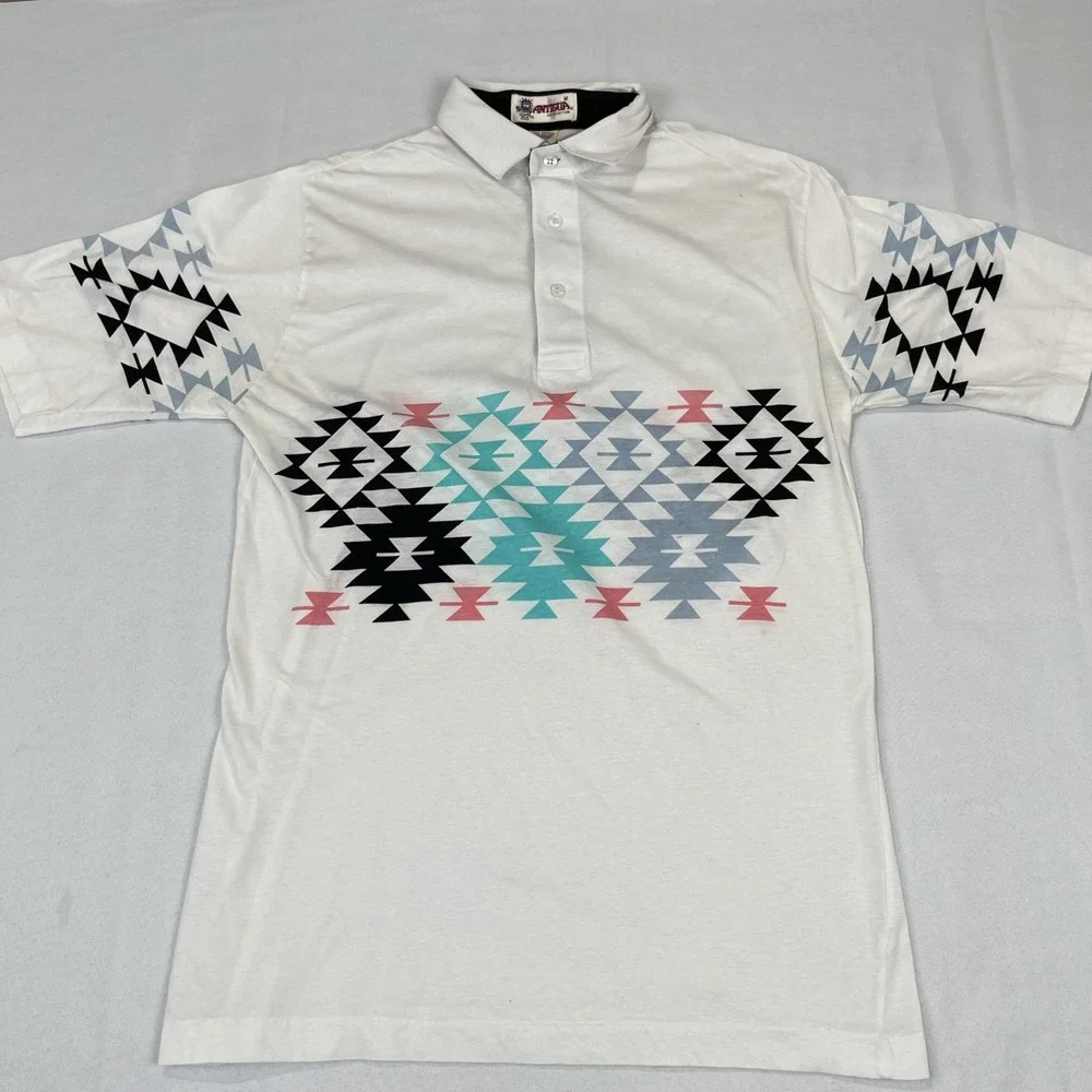 VINTAGE Antigua‎ Men Polo Shirt M Geometric Aztec Southwestern Single Stitch